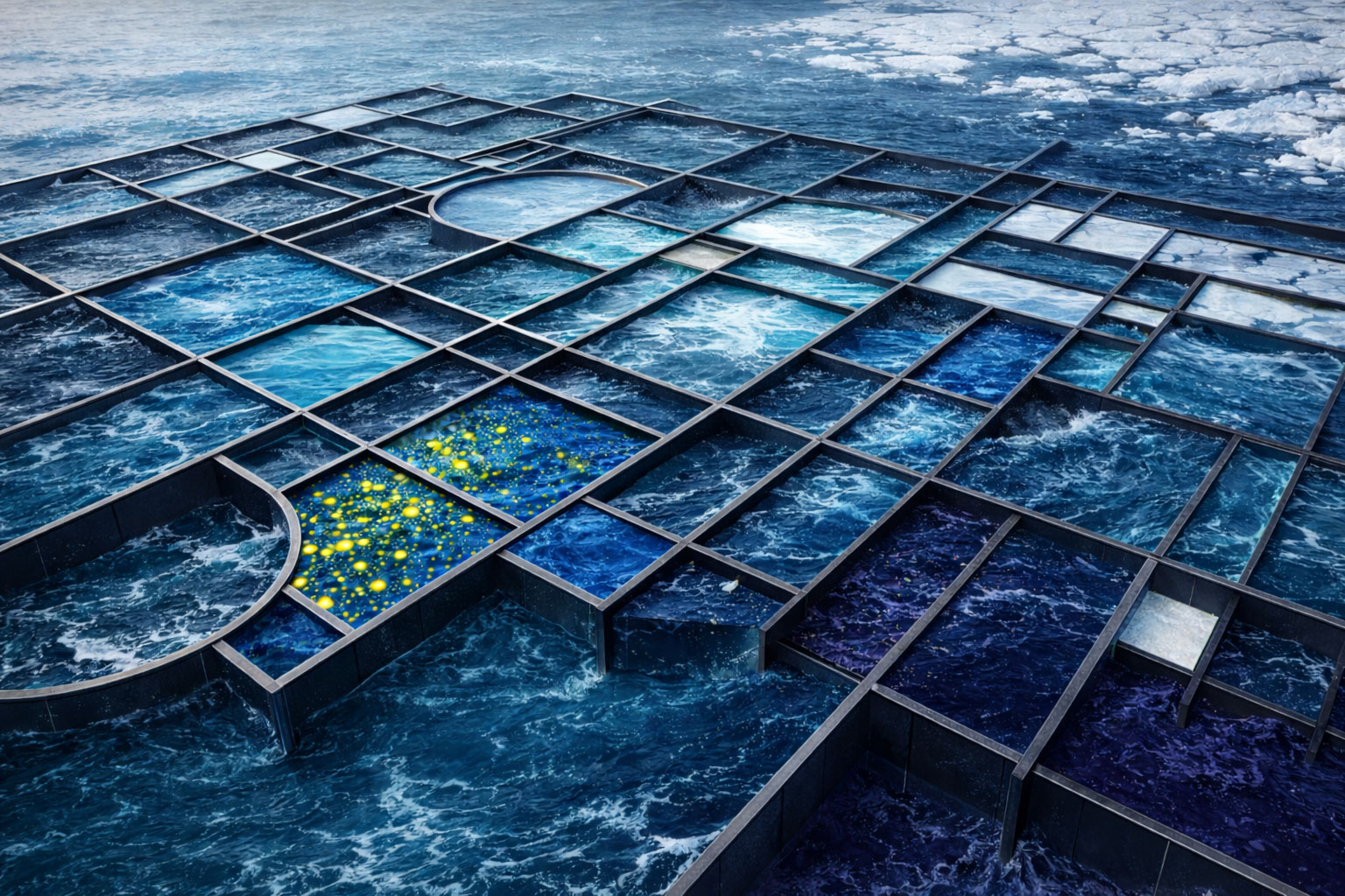 An abstract scene, elements of an ocean with a grid-like structure composed of metal frames. The grid is divided into numerous geometric sections of varying shapes, including rectangles, squares, and circles, each containing water with different textures and shades of blue. Some sections have bright yellows interspersed with the blues, resembling sparkling reflections on water. The ocean waves and the grid structure appear to extend towards the horizon. A transition from darker blue hues in the foreground to lighter tones in the background.